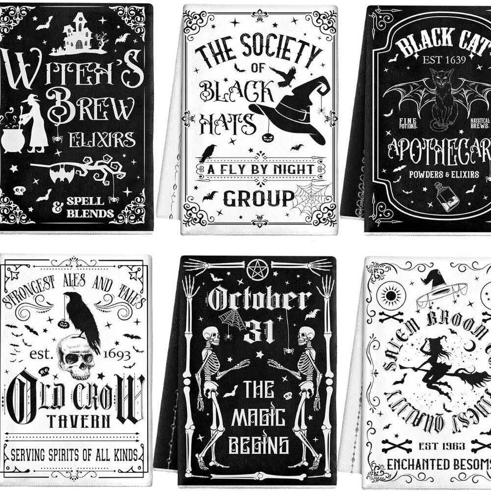 6 Pcs Halloween Kitchen Towels The Undead Gothic Art Dishtowels Set Halloween Sk